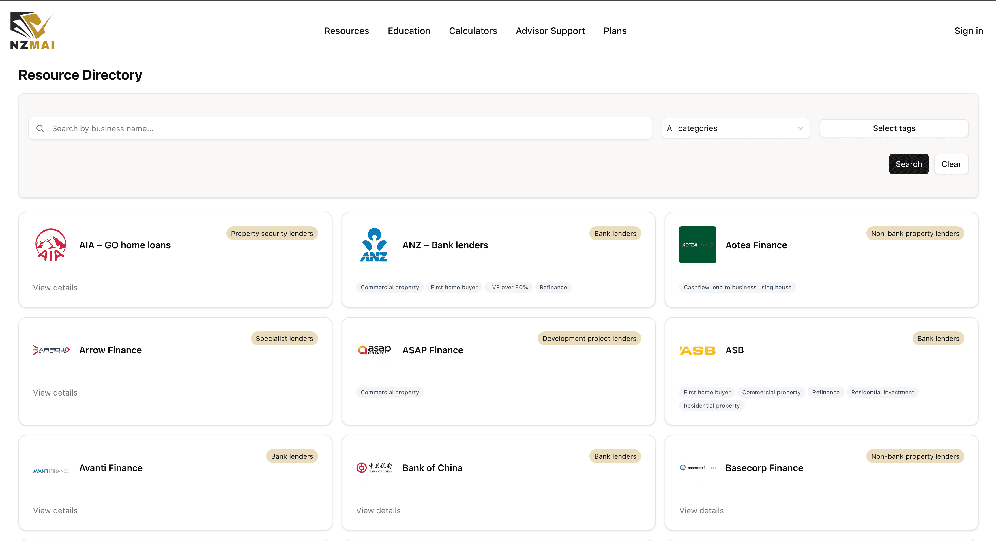 NZMAI resource directory interface showing lender cards